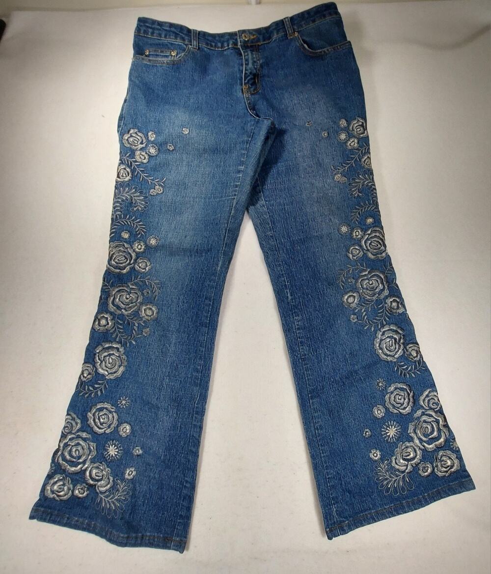Vintage 90s/Y2K Boom Boom Jeans Denim Floral Embroidered Bootcut Jeans Sz 13/14